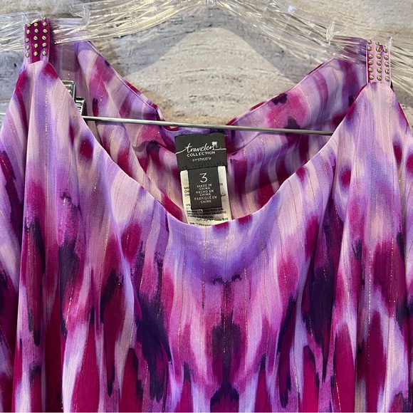 Chico's Fuchsia Purple Ikat Tunic Top Cold Shoulder Gold Thread Uzbek Boho Shawl - Picture 5 of 9